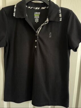 Izod Black Polo with Black-and-White Plaid Trim Golf Shirt